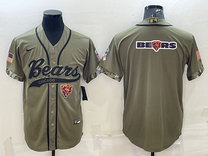 Men's Chicago Bears Olive 2022 Salute To Service Team Big Logo Cool Base Stitched Baseball Jersey 001